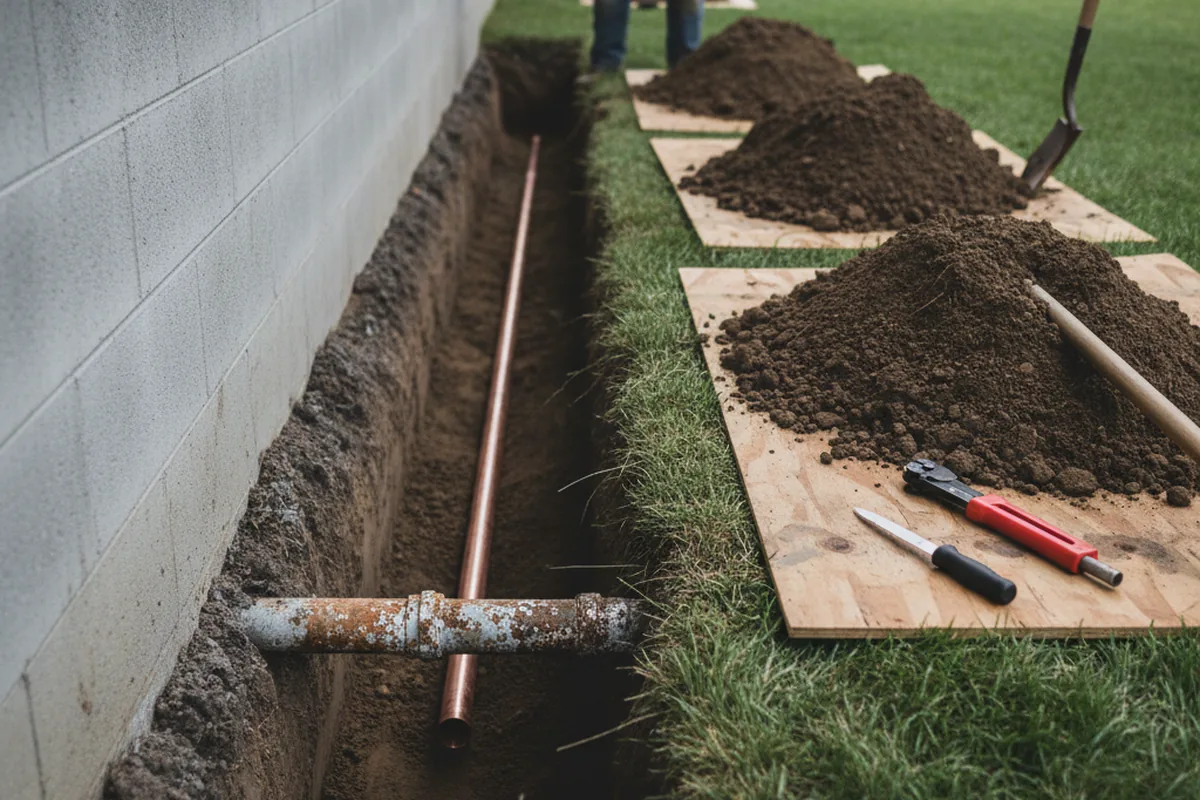 Excavated water line trench during Water Softener Installation in Justice